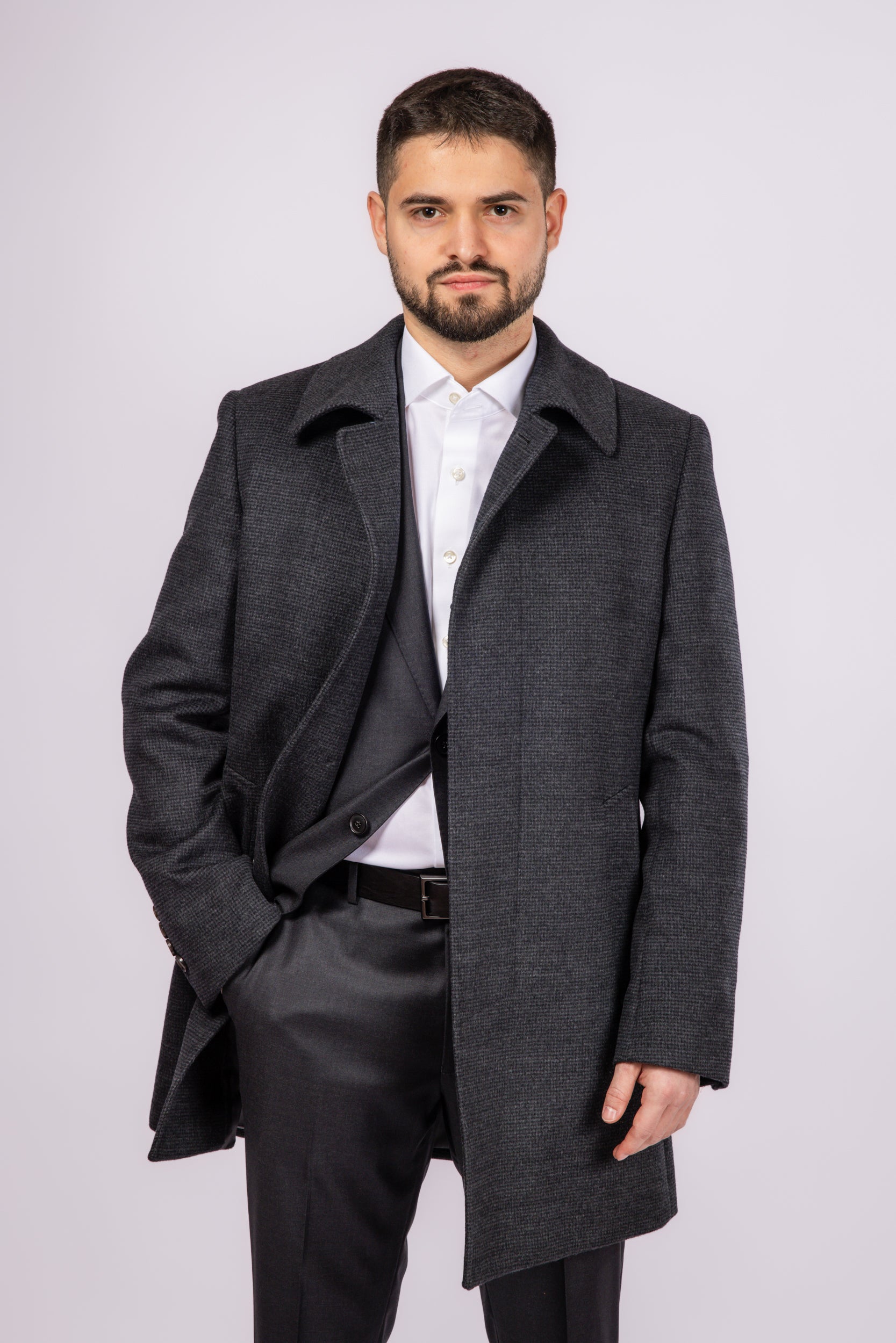 Collared Wool Carcoat - Grey Check - Atica Man