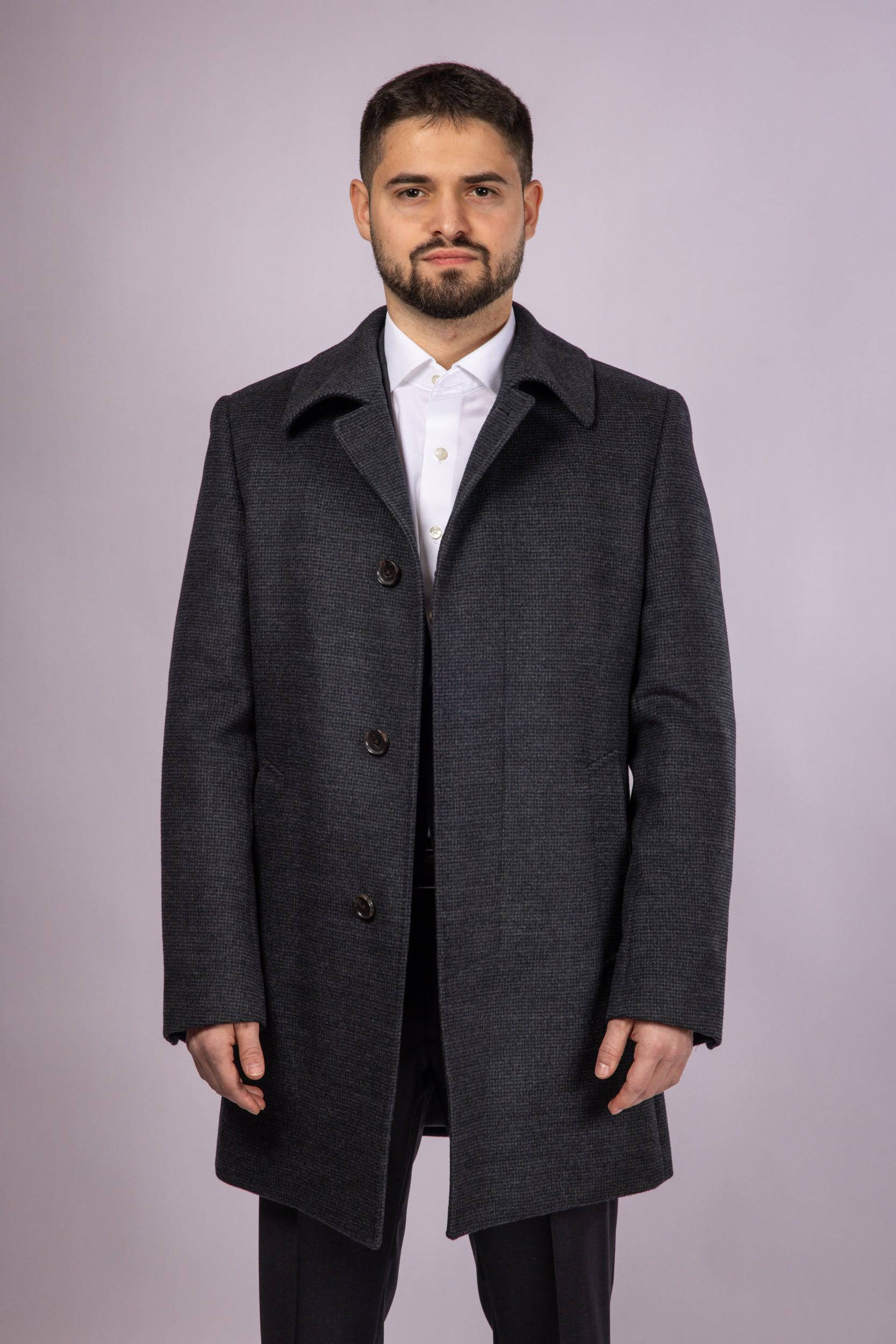 Collared Wool Carcoat - Grey Check - Atica Man