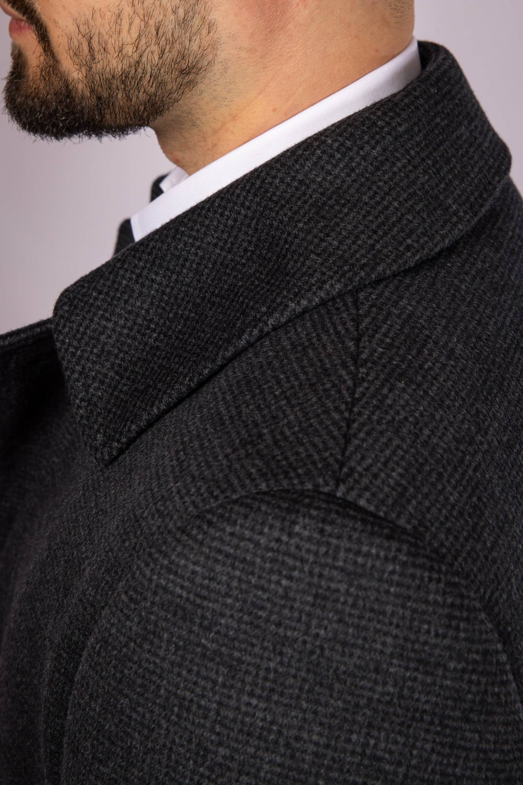 Collared Wool Carcoat - Grey Check - Atica Man