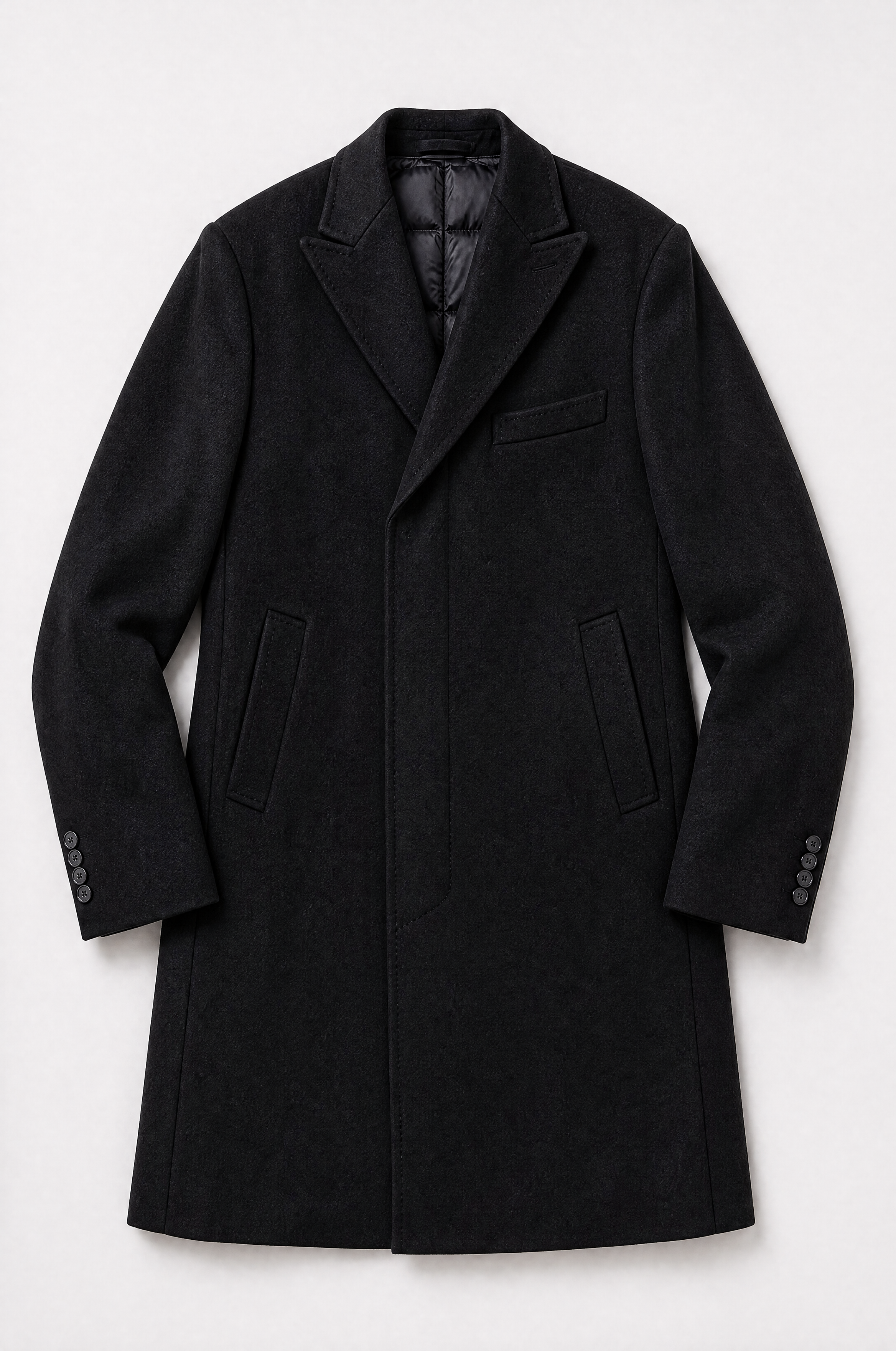Black Down Filled Wool Overcoat