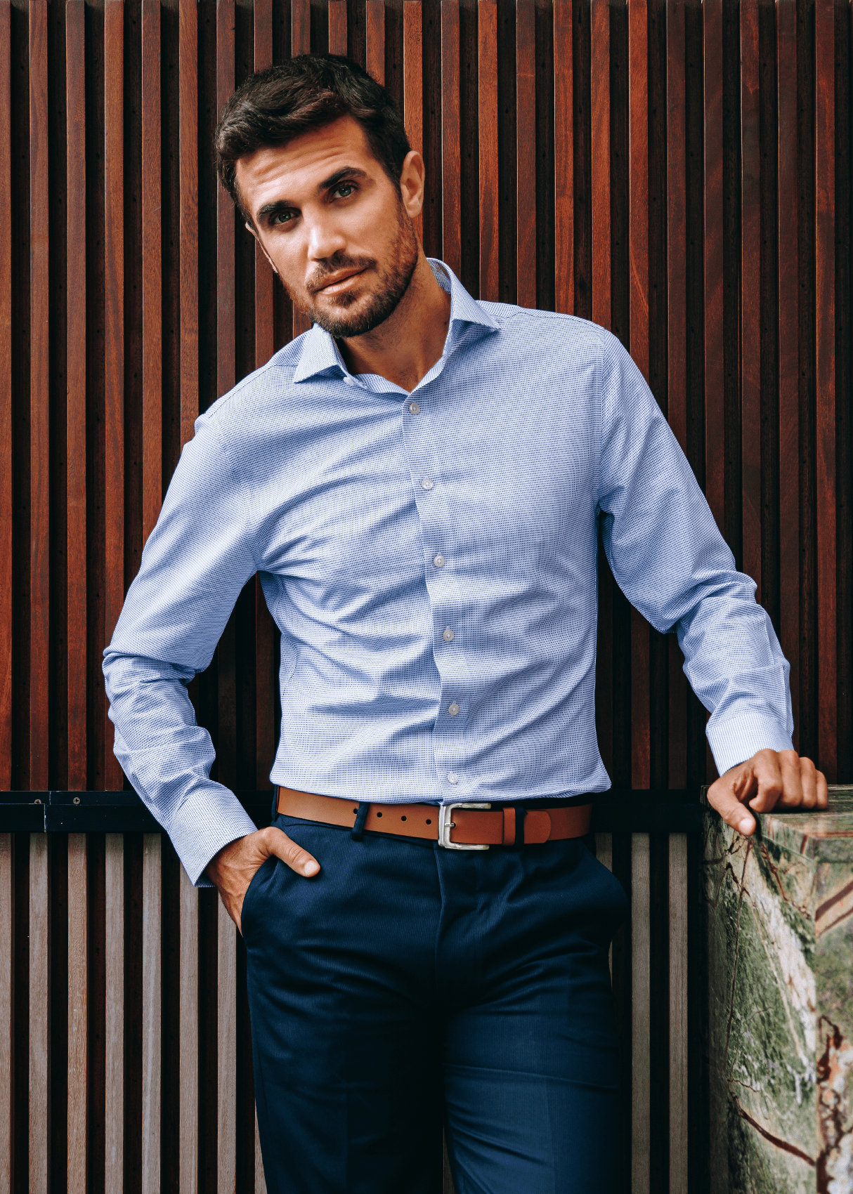 Greenwich Blue Check Dress Shirt – Non-Iron, Wrinkle-Resistant, Breathable Cotton, Classic Fit