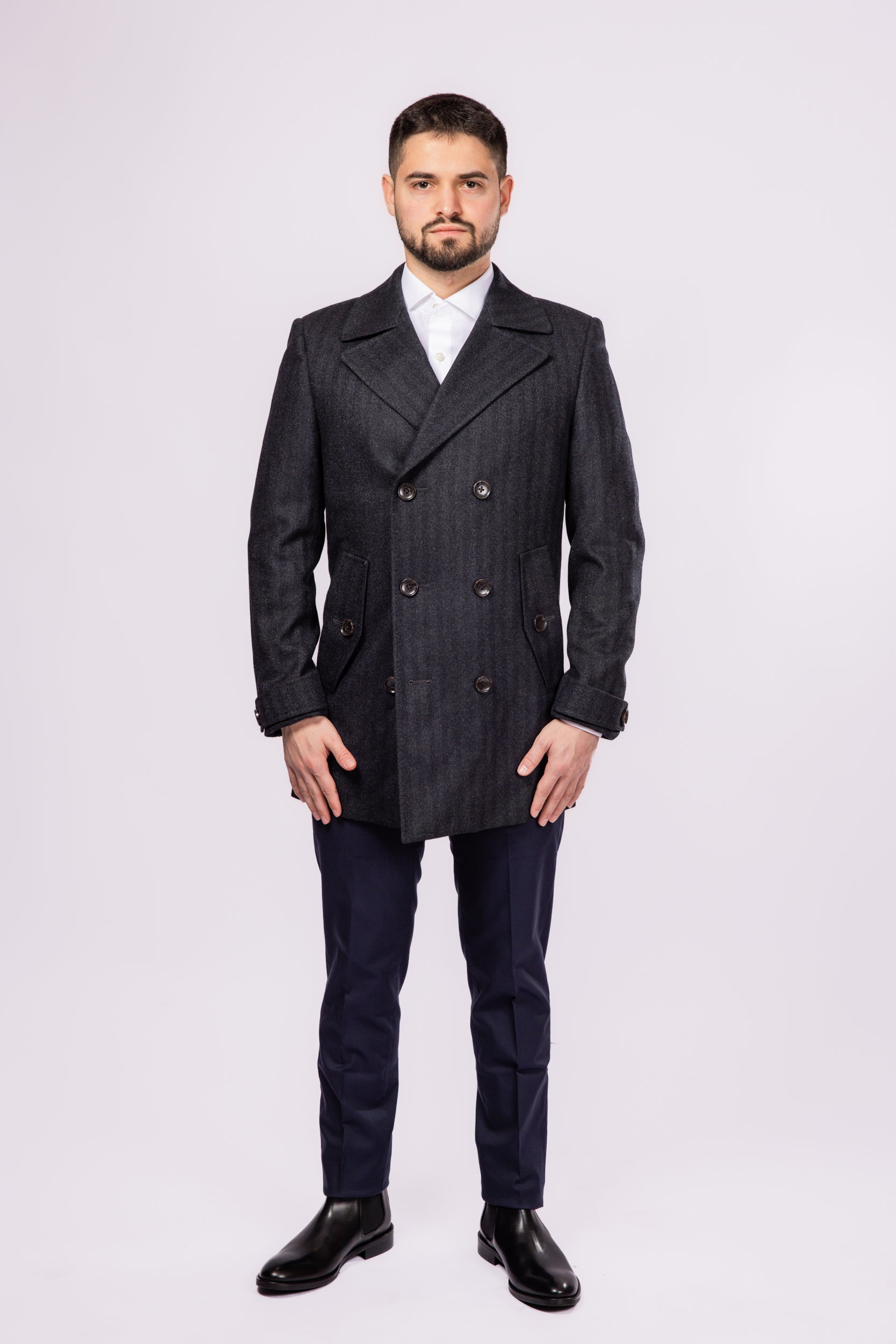 Herringbone Wool Peacoat - Grey Herringbone - Atica Man