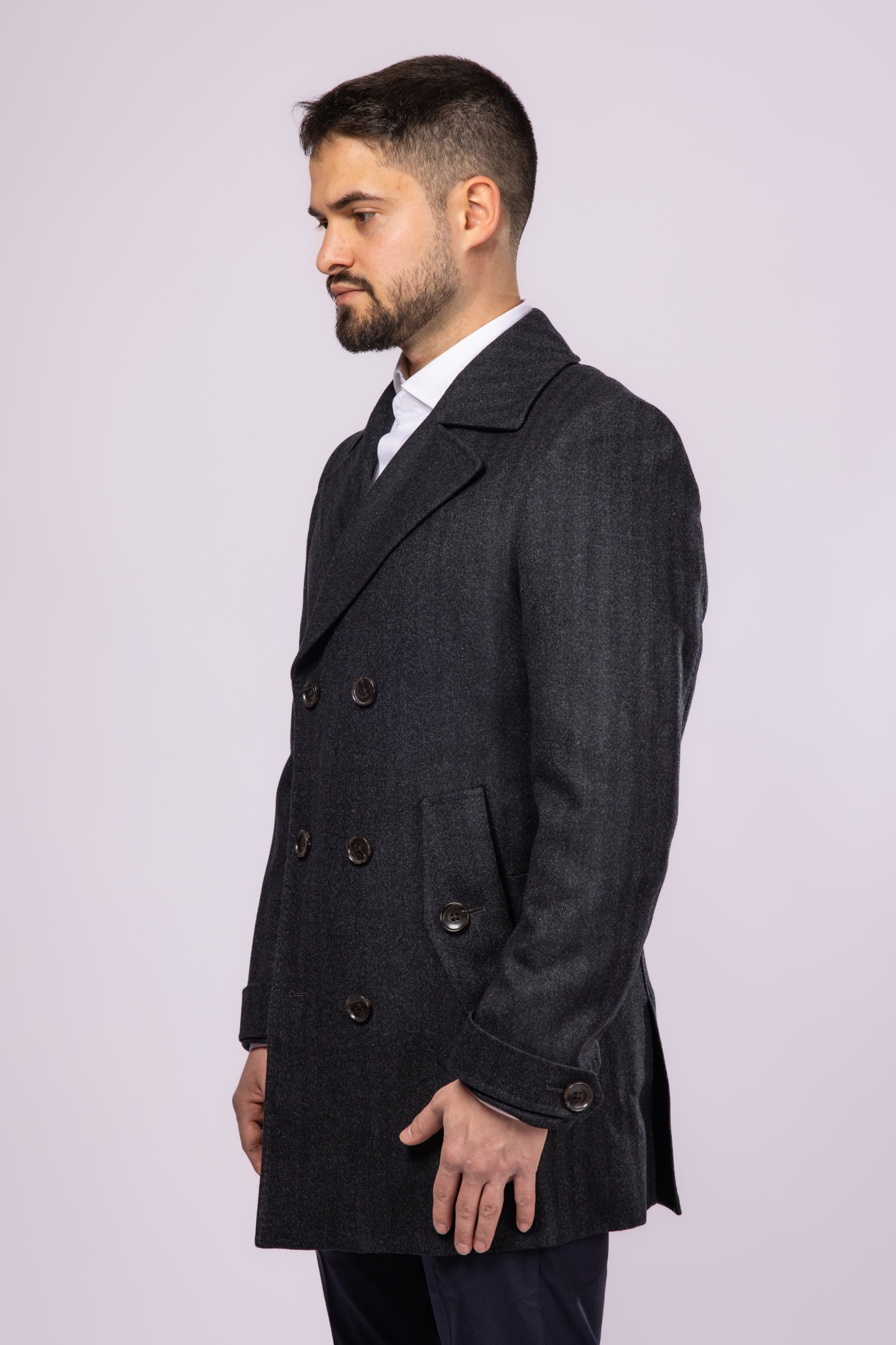 Herringbone Wool Peacoat - Grey Herringbone - Atica Man
