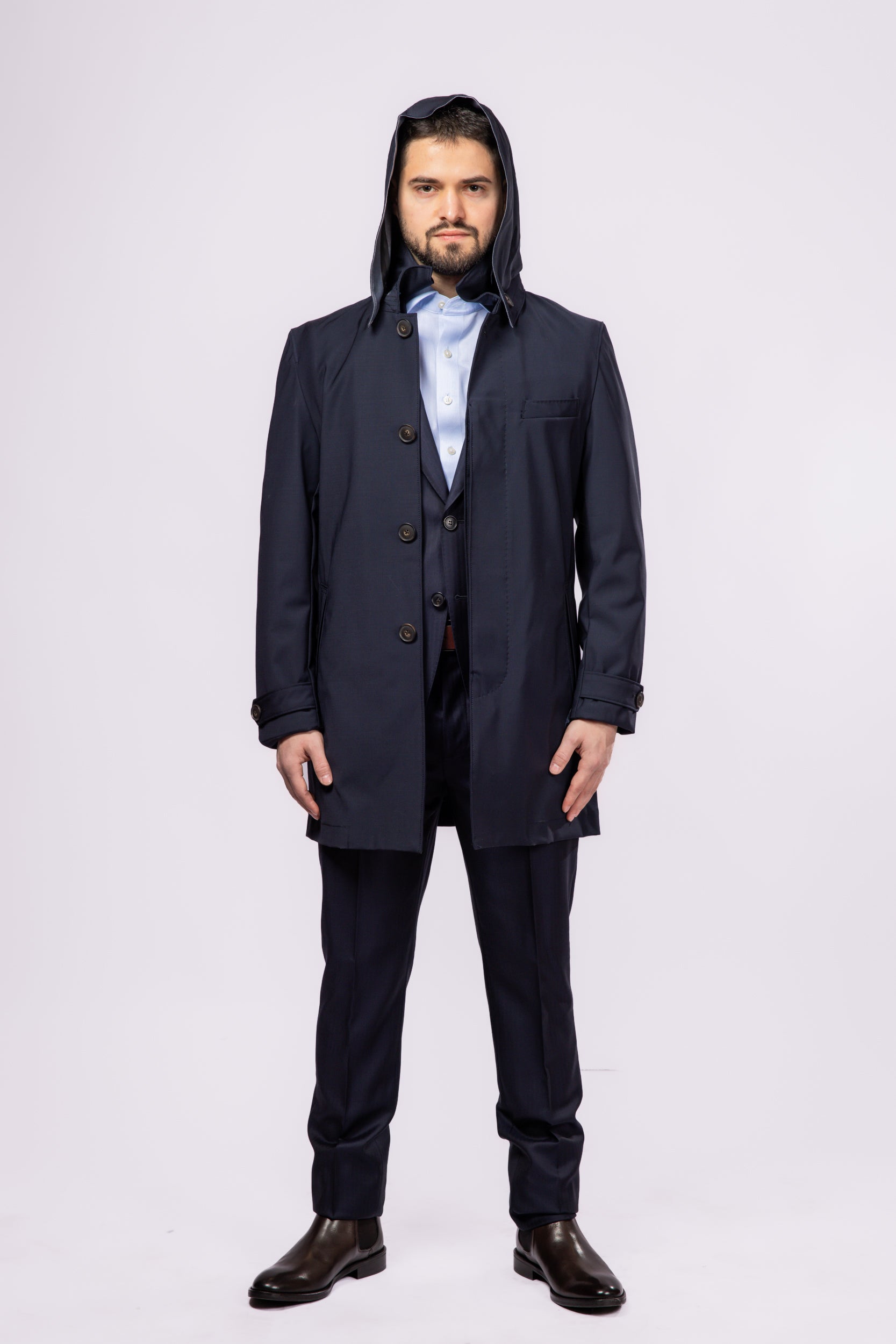 Navy Waterproof Wool Raincoat