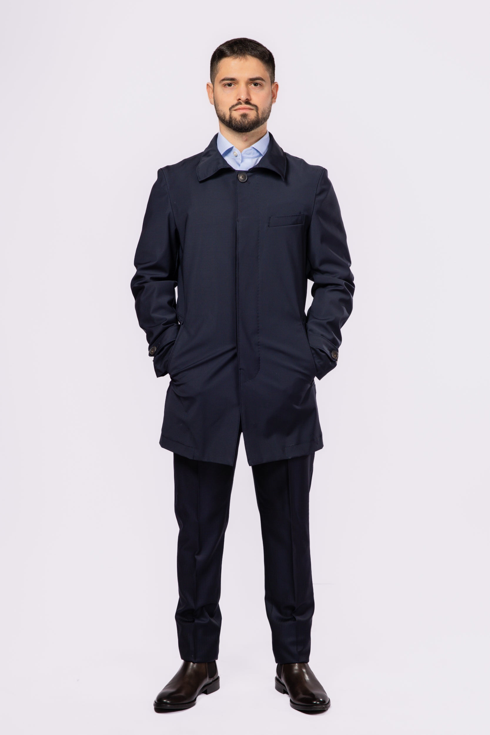 Navy Waterproof Wool Raincoat