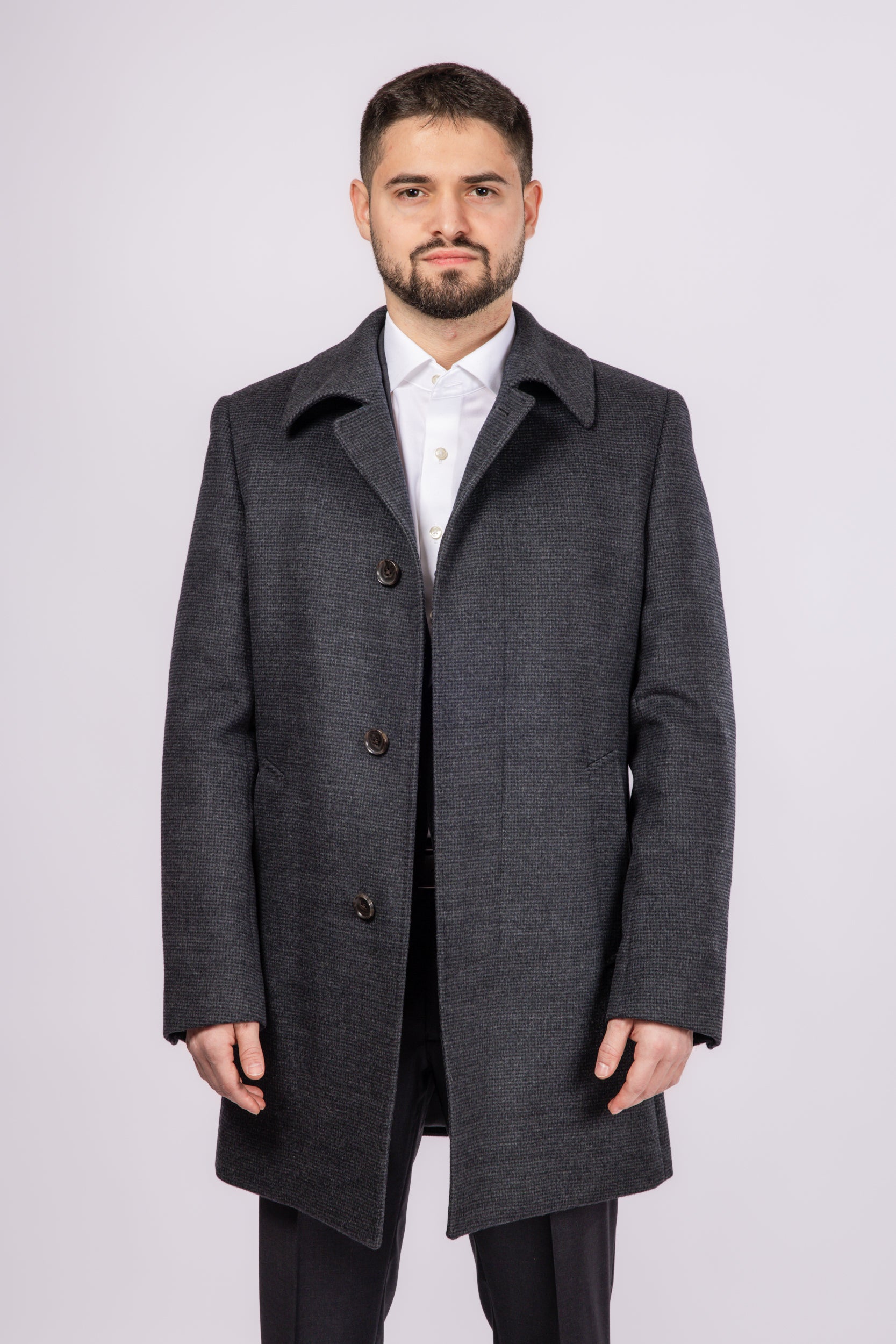 Collared Wool Carcoat - Grey Check - Atica Man