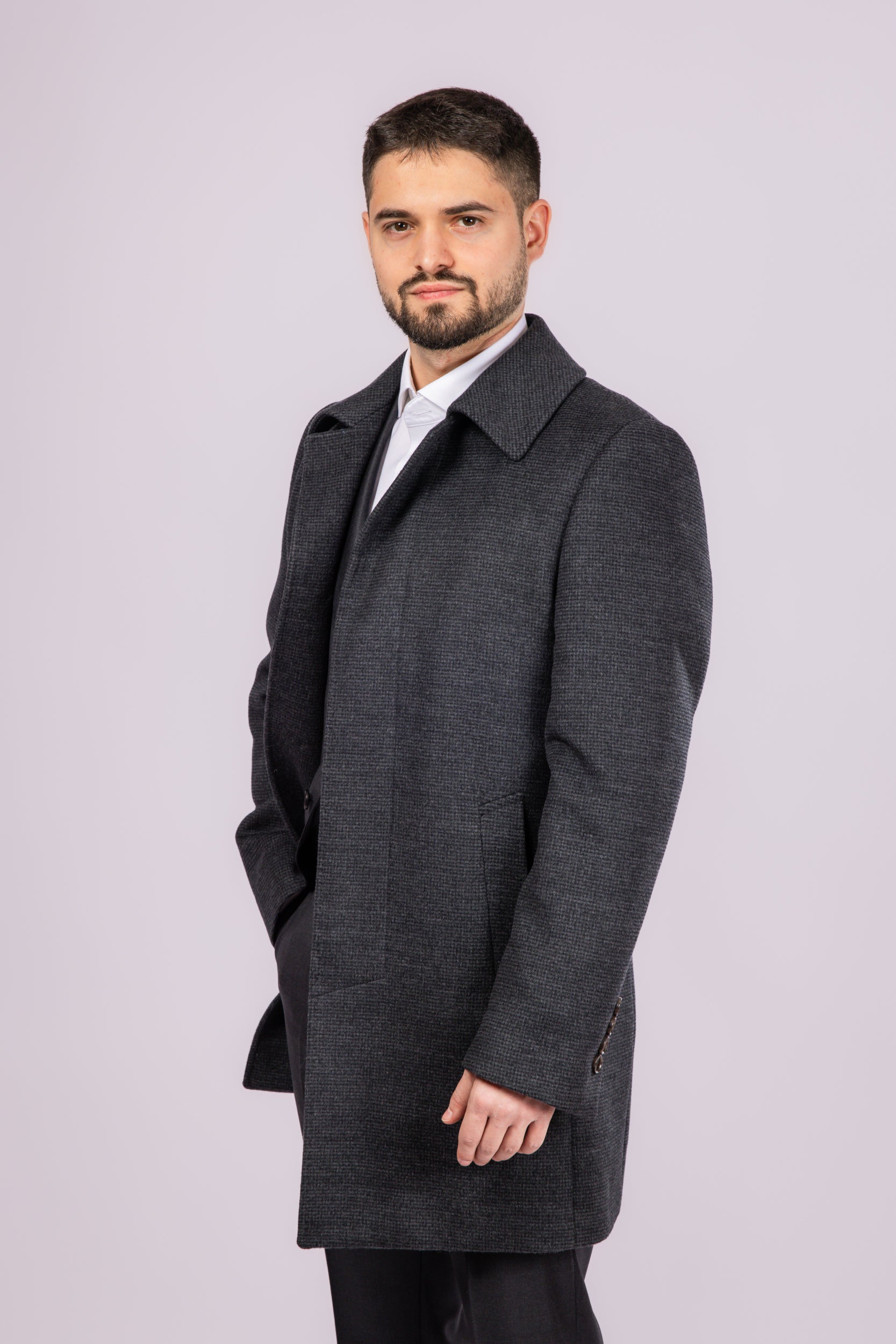 Collared Wool Carcoat - Grey Check - Atica Man