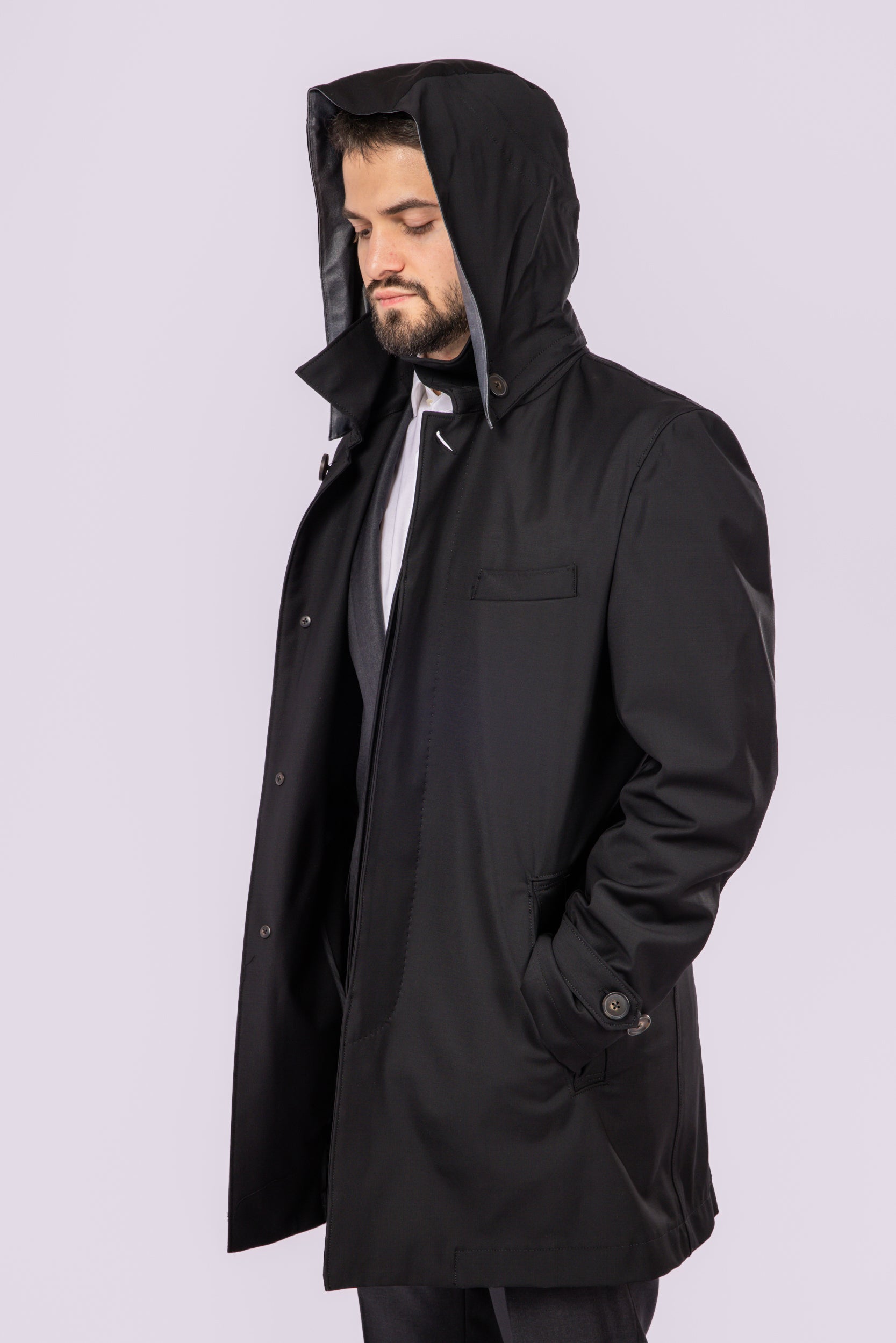 Black Waterproof Wool Raincoat