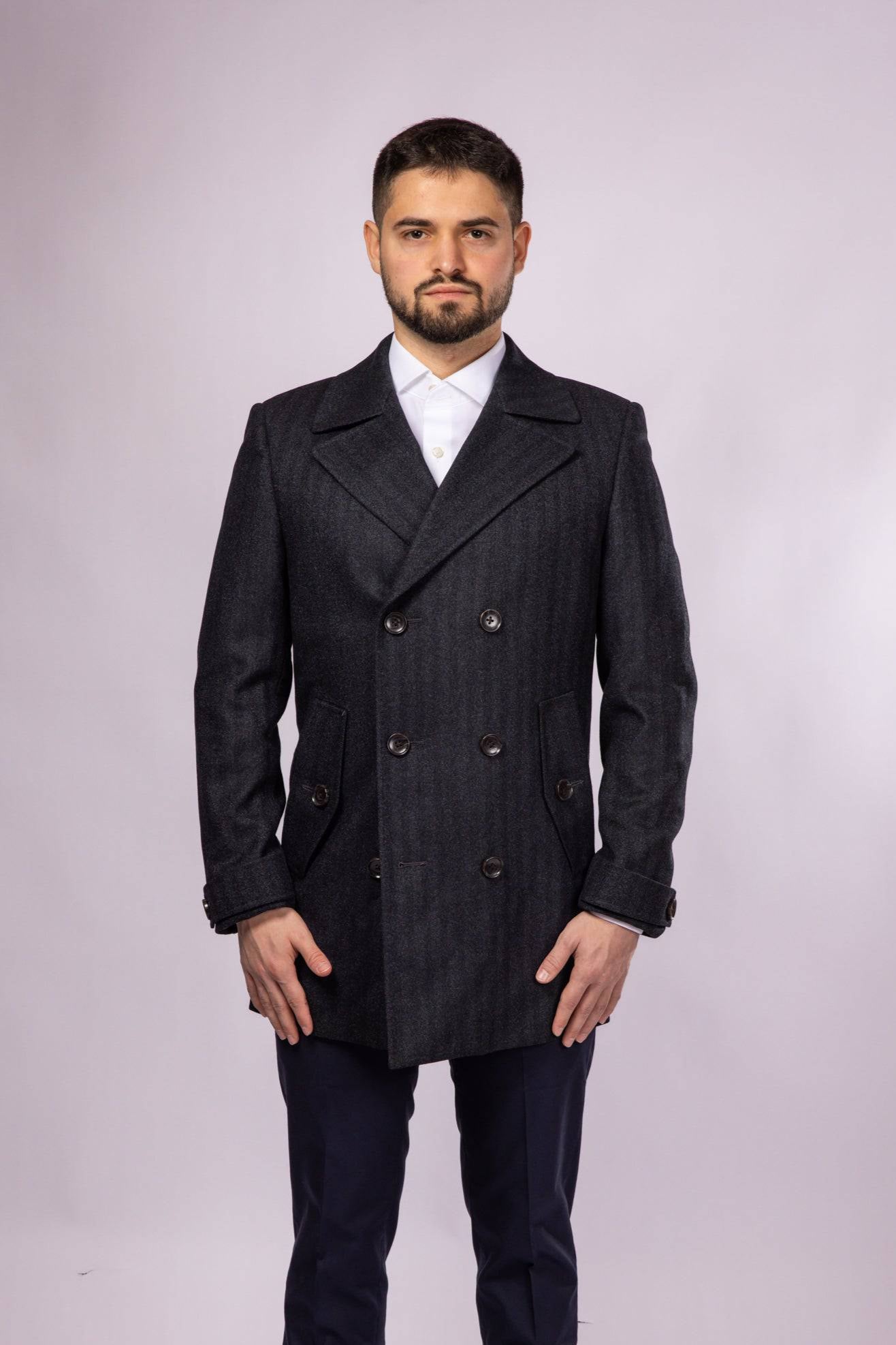 Herringbone Wool Peacoat - Grey Herringbone - Atica Man